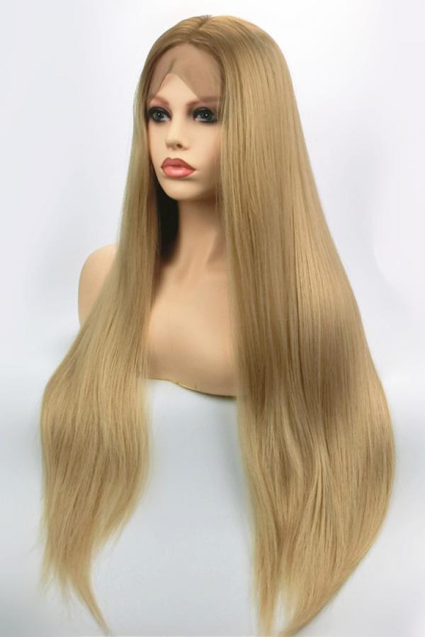 8 27M613 Browm Root Mix Blonde Long Straight Lace Front Wig Synthetic