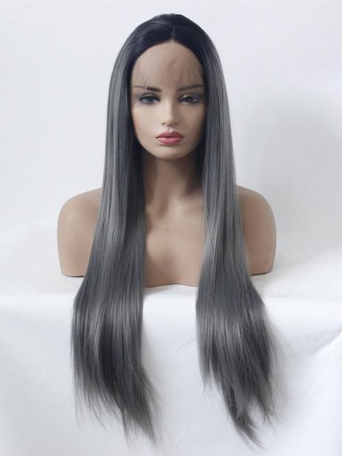 1bt Dark Grey Long Straight Lace Front Wig - Synthetic Wigs - BabalaHair