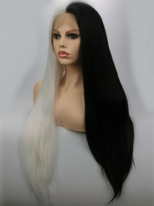 Halloween Half White Half Black Long Straight Lace Front Wig ...