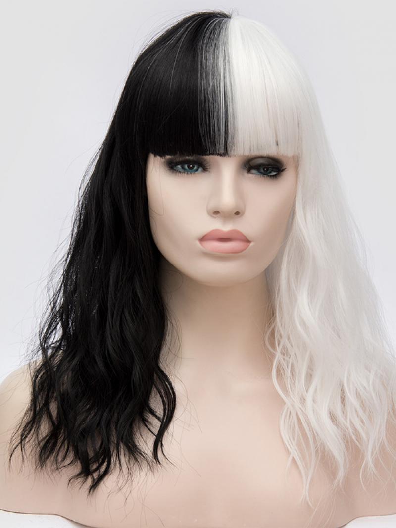 Half Black Half White Short Wavy Non Lace Wefted Wig with ...