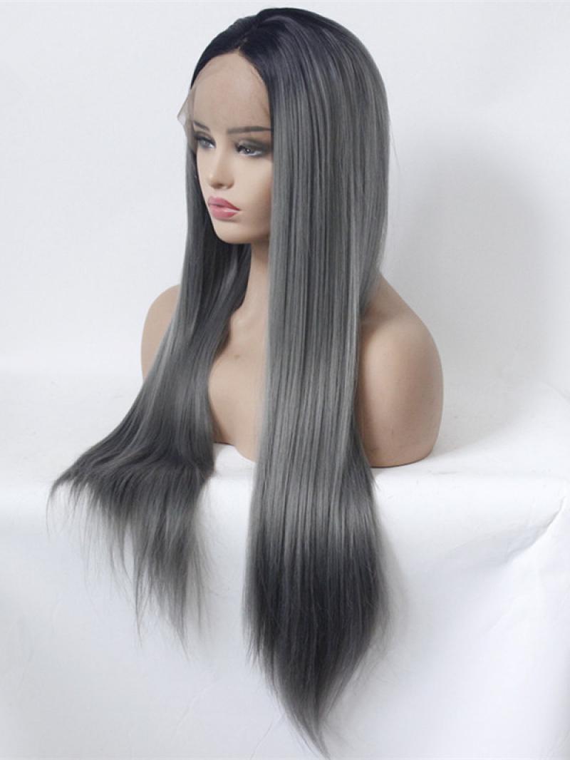 1bt Dark Grey Long Straight Lace Front Wig Synthetic Wigs Babalahair