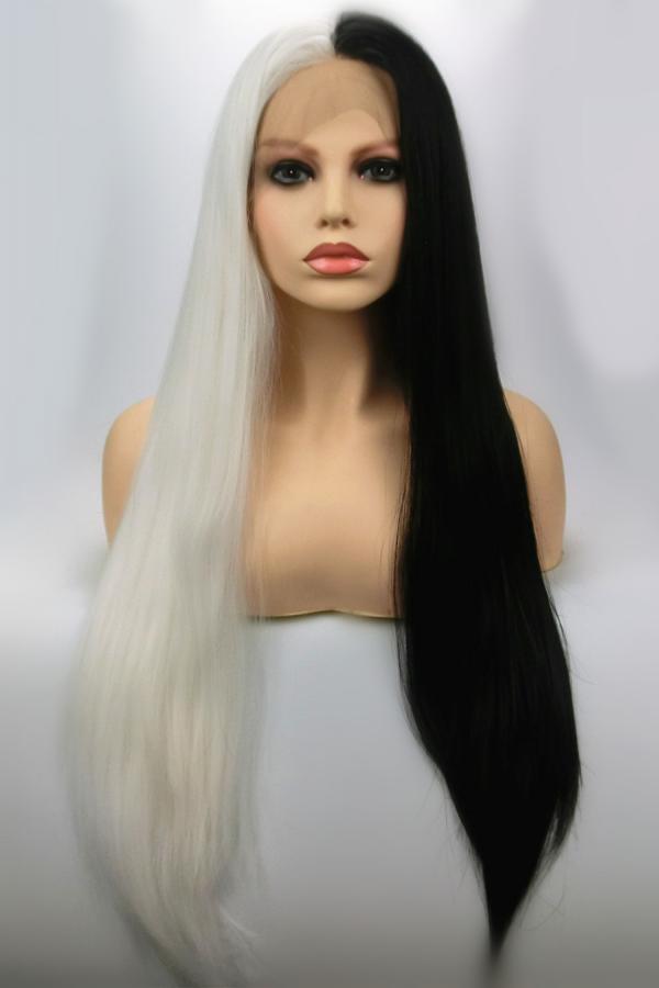 Halloween Half White Half Black Long Straight Lace Front Wig ...