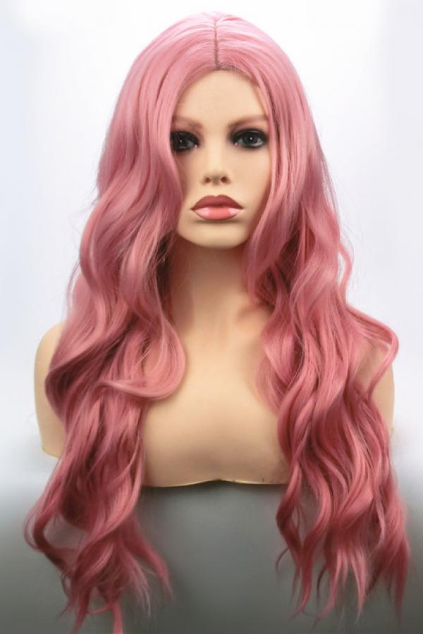 Cherry Blossom Pink Long Wavy Non Lace Wefted Wig Synthetic Wigs