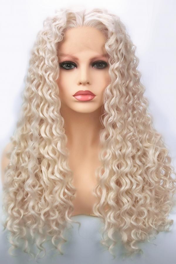 60# Ivory White Long Curly Lace Front Wigs - Synthetic Wigs - BabalaHair