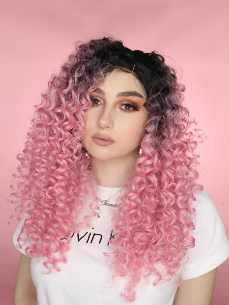 Balck To Pink Ombre Curly Long Synthetic Lace Front Wig - Synthetic Wigs -  BabalaHair