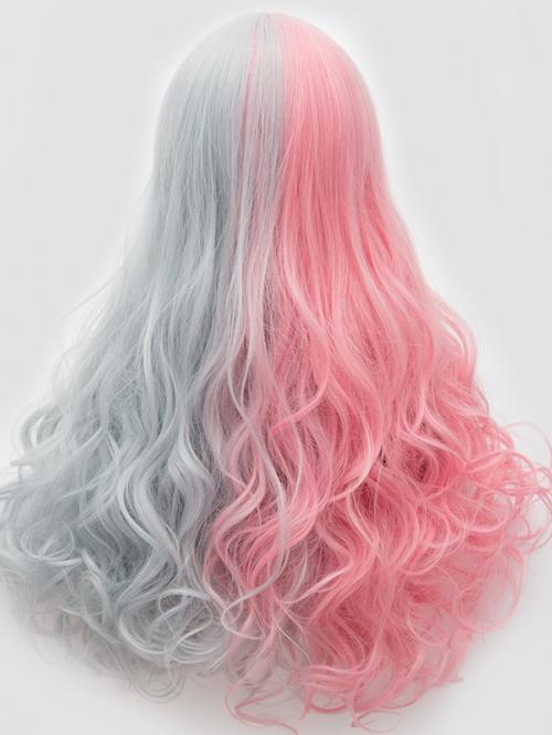 Half Pink Half Grey Long Wavy Non Lace Wefted Wig - Synthetic Wigs ...