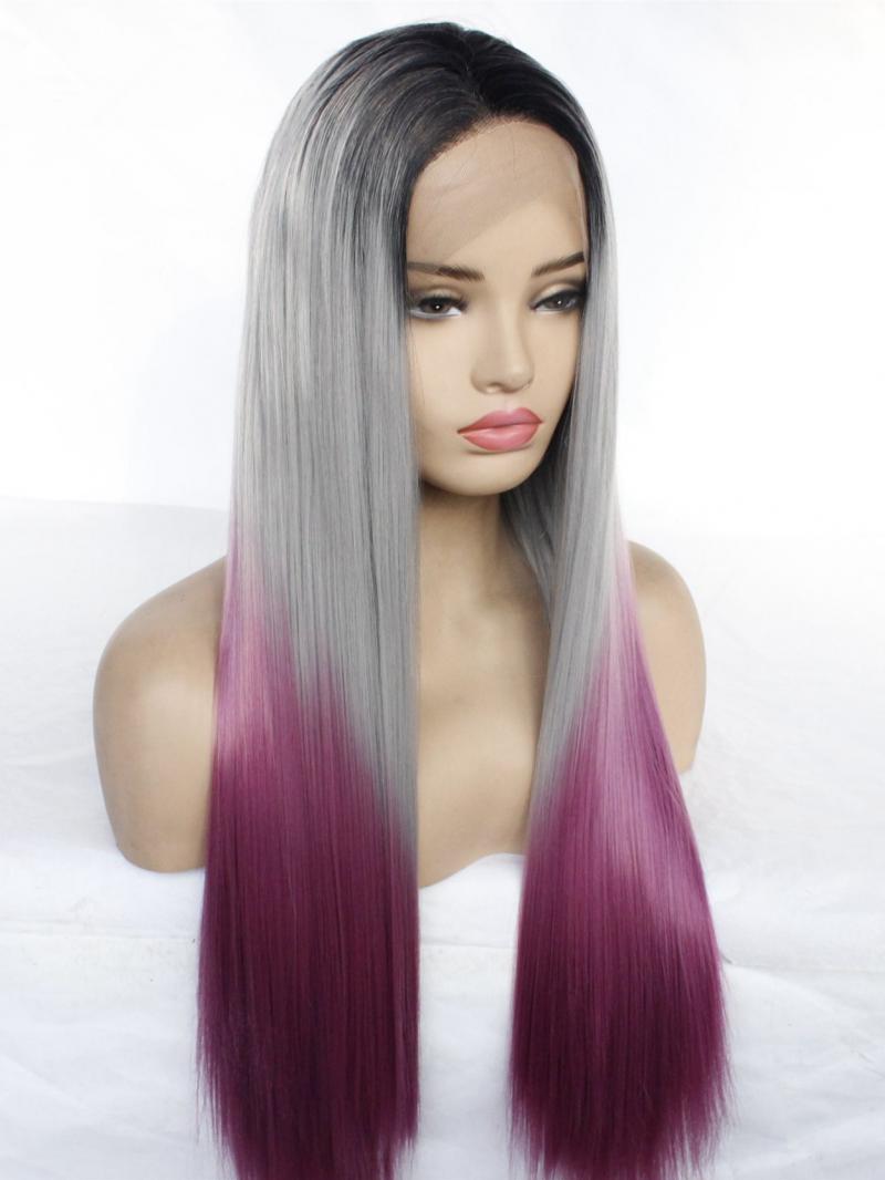 1b Grey To Purple Long Straight Lace Front Wig Synthetic Wigs Babalahair